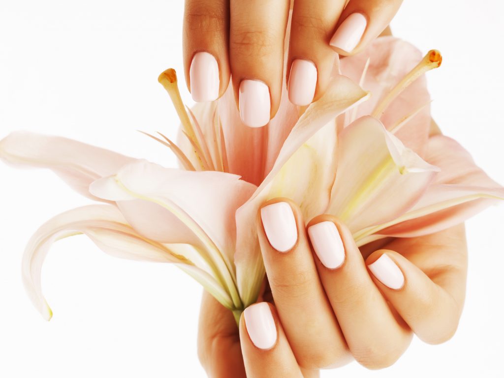 nude nails holding a lily